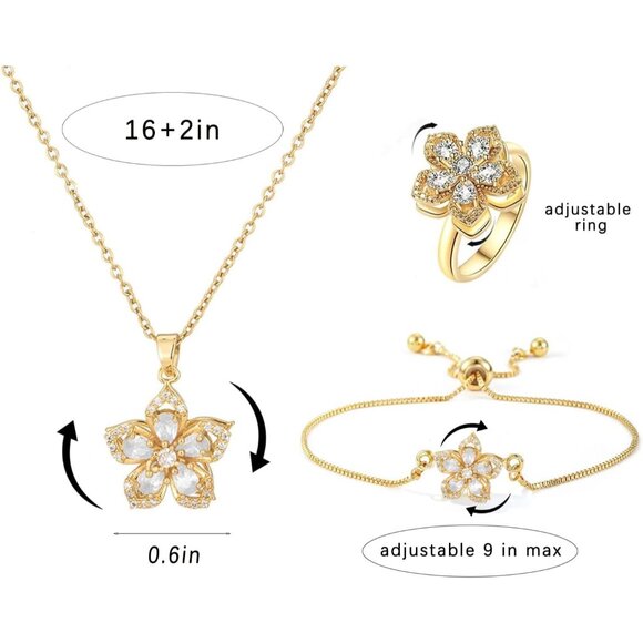 Women Gold Flower Fidget White Pink Necklace Rotatable Crystal Blossom Pendant - Picture 6 of 7